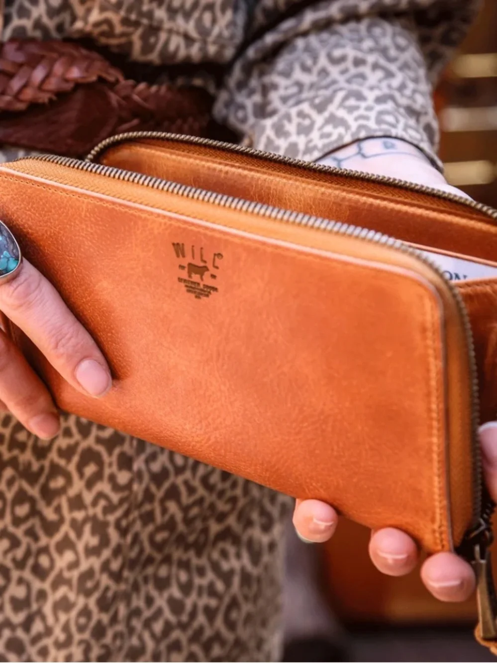 WILL Leather Cognac Zip Around Clutch Wallet